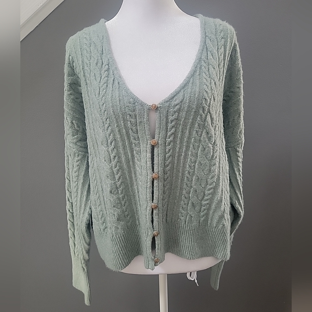 Rachel Zoe Cardigan Sweater XL Sage Green Long Sleeves Front Button Down Soft